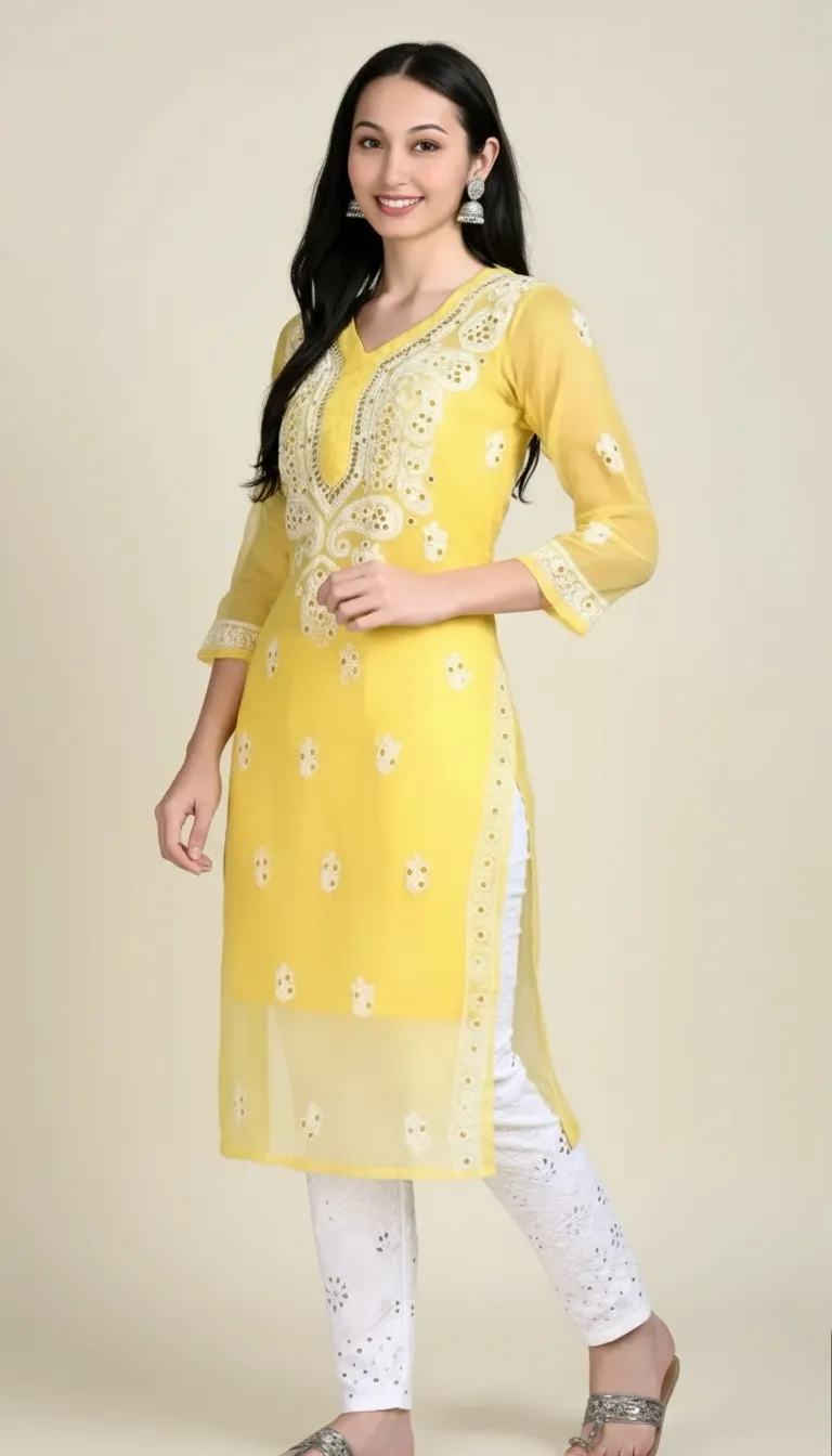 GB Mirror Georgette Chikankari Long Sleeve Kurti for Women