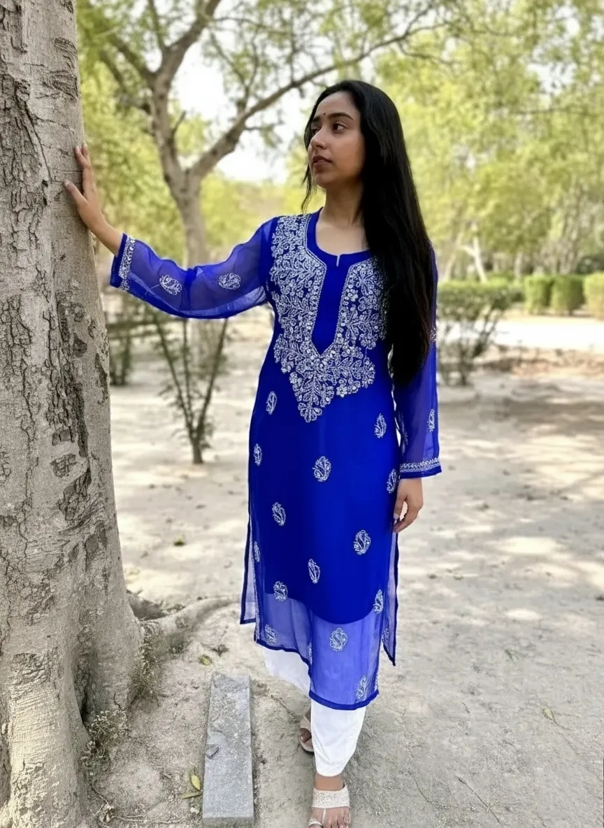 GB Mirror Georgette Chikankari Long Sleeve Kurti for Women
