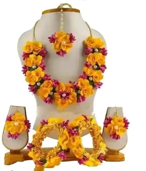 Moti Bridal Yellow Artificial Flower Jewellery Set for Haldi, Turmeric, Mehendi & Baby Shower