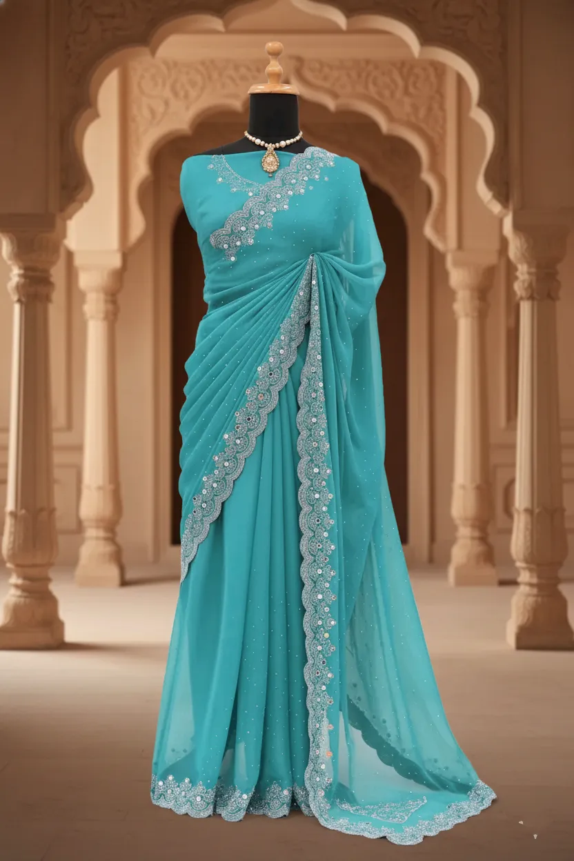 Women’s Bollywood-Inspired Shimmer Saree with Mirror & Siroski Work | Fancy Silk Blouse Piece Included