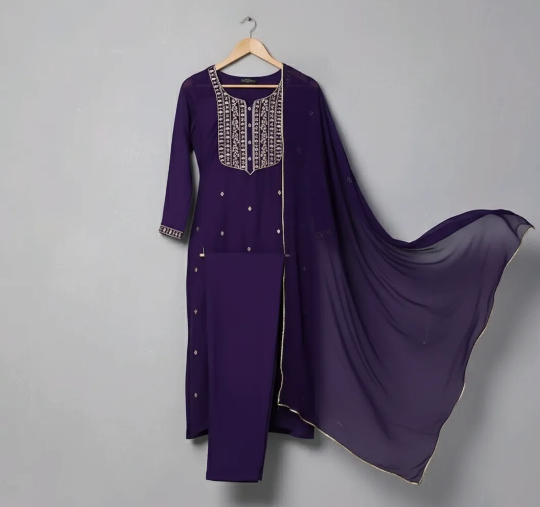 Women’s Violet Cotton Blend Embroidered Straight Kurta Set (With Trouser & Dupatta)