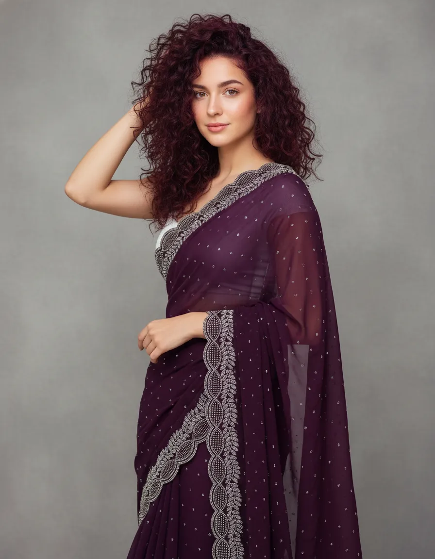 Breads and Stone Work Traditional Fancy Georgette Saree with Embellished Blouse Piece | Party, Wedding & Festive Wear Saree for Women | Premium Designer Indian Saree
