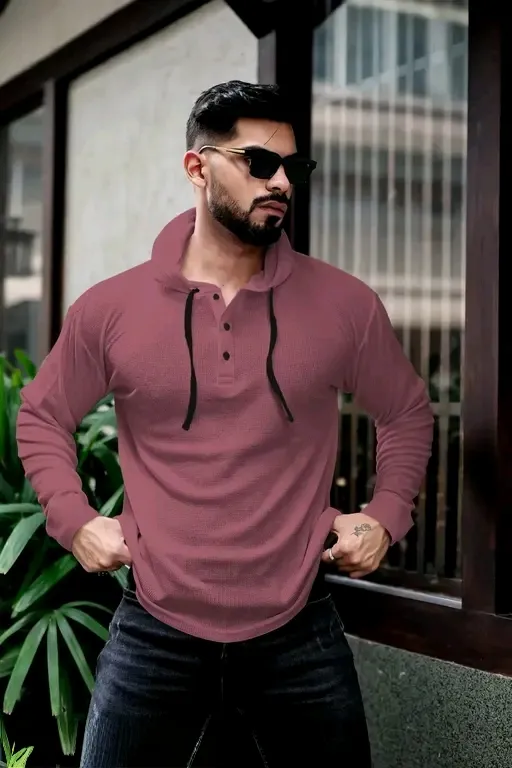 Men’s Hooded Neck Full Sleeve Waffle Knit Regular T-Shirt