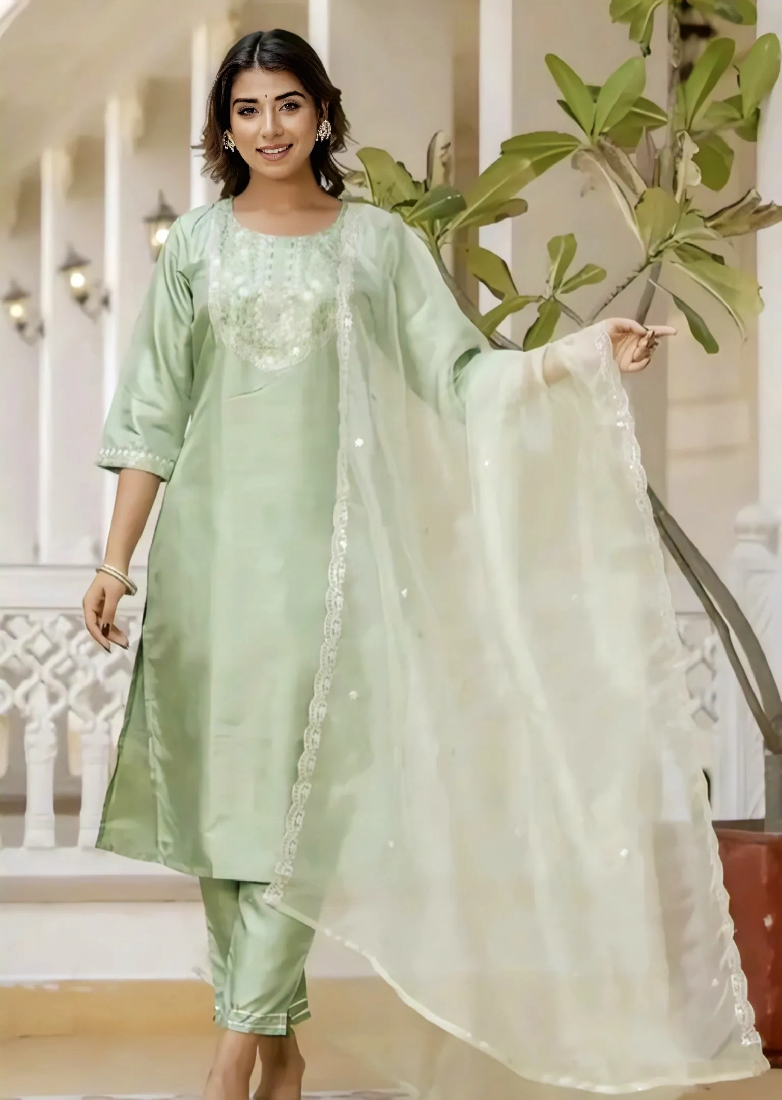 Embroidered Kurta With Dupatta & Pant Set