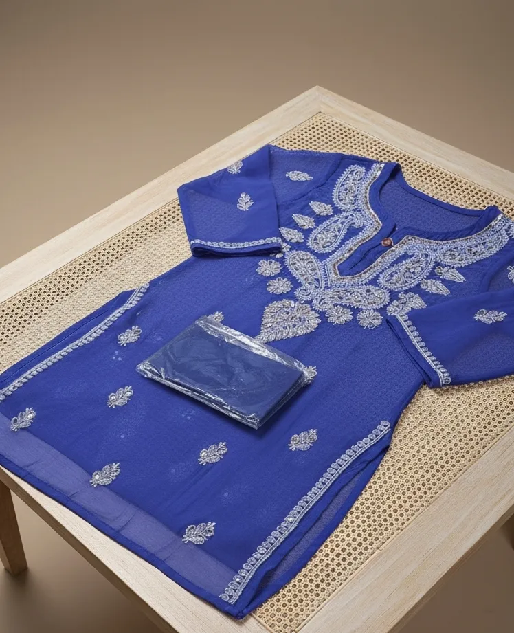 GB Mirror Georgette Chikankari Long Sleeve Kurti for Women