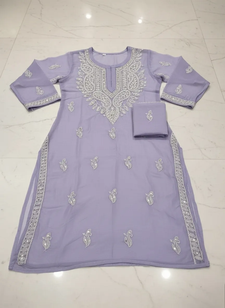 GB Mirror Georgette Chikankari Long Sleeve Kurti for Women
