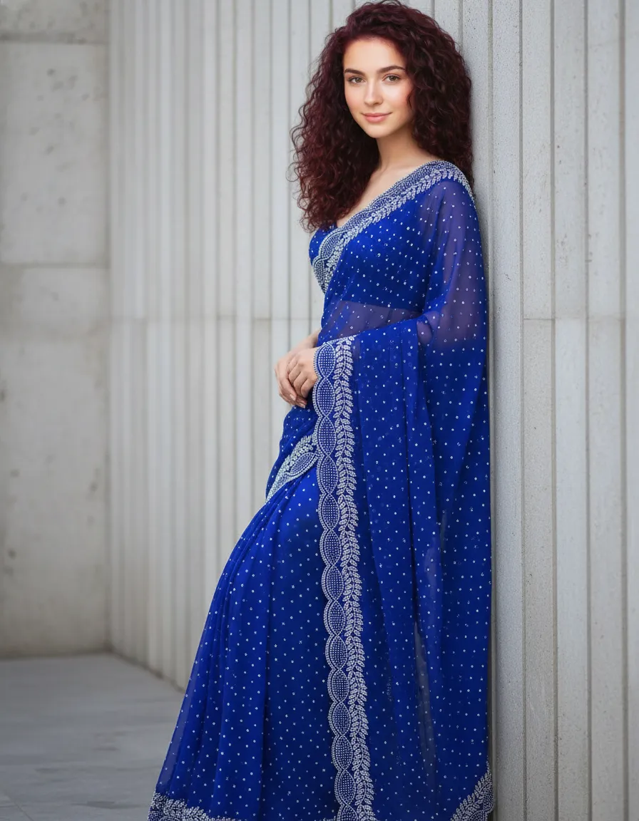 Breads and Stone Work Traditional Fancy Georgette Saree with Embellished Blouse Piece | Party, Wedding & Festive Wear Saree for Women | Premium Designer Indian Saree