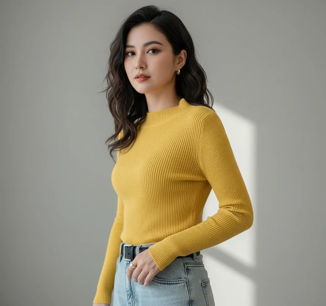 Elegant Full Sleeve Brown High Neck Top for Women