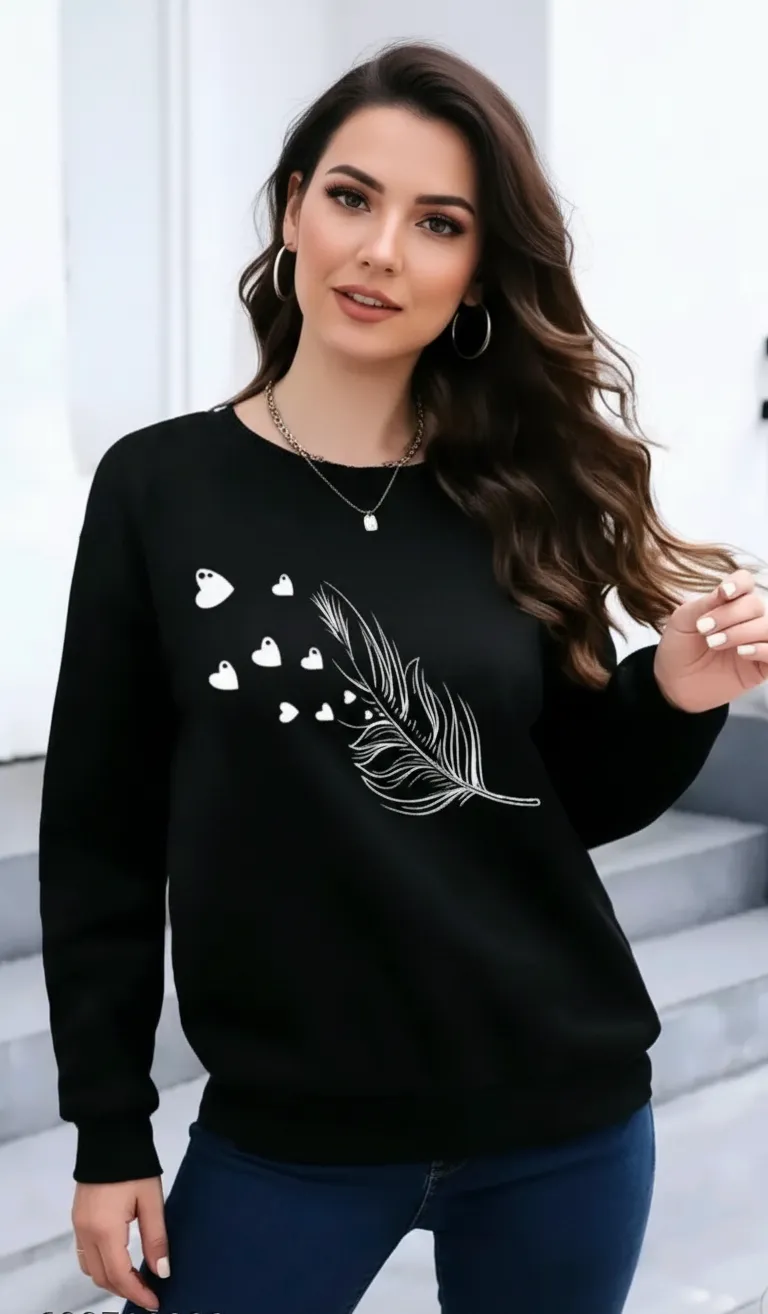 Women’s Printed Fleece Sweatshirt with Long Sleeves and Round Neck