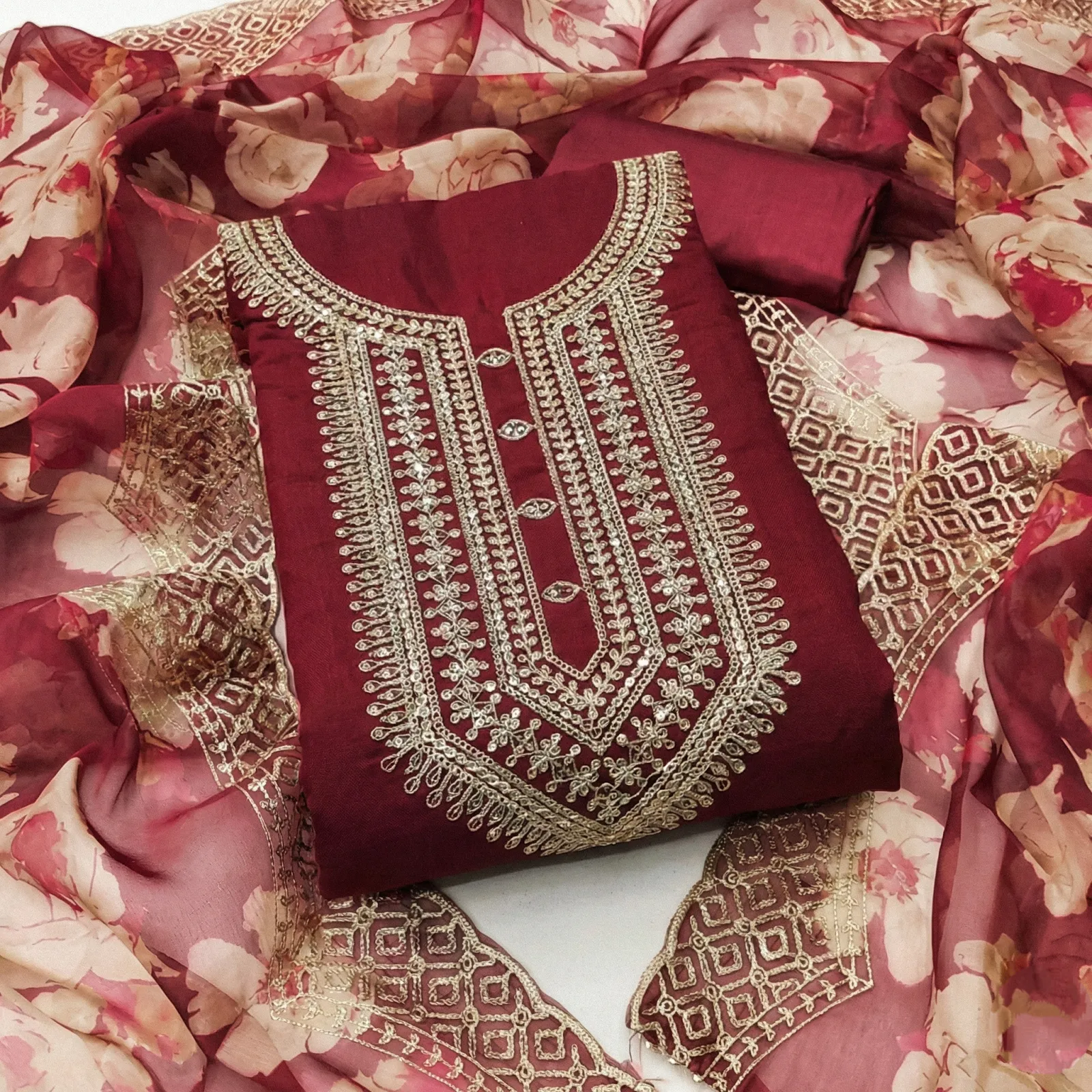 Skyveto Premium Organza Dress Material for Women with Silk Suit, Shantoon Bottom & Embellished Dupatta